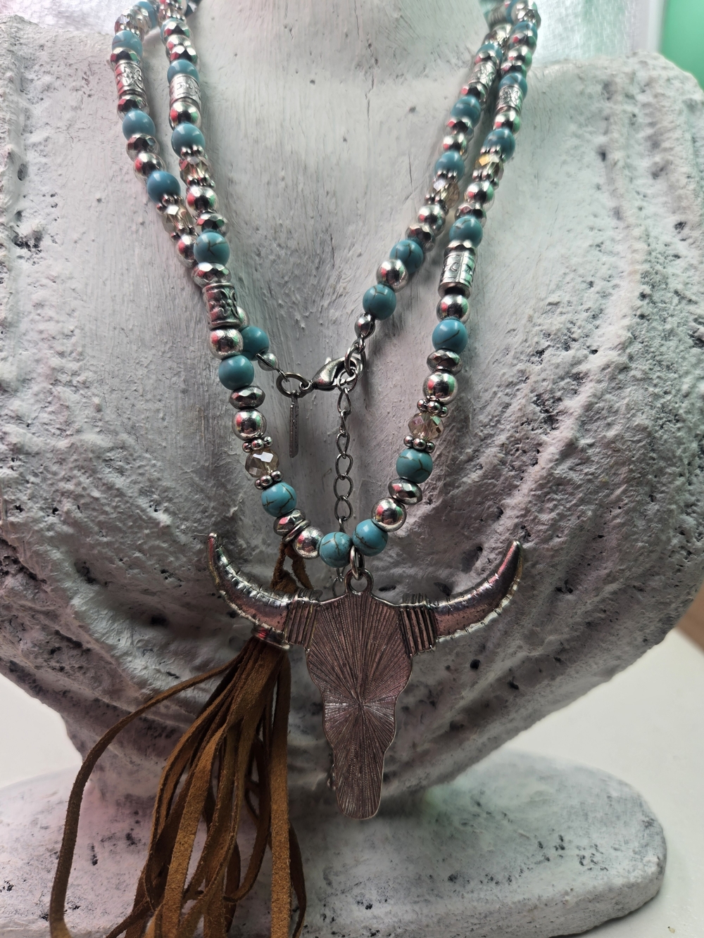 Turquoise Beaded Long Necklace with Bull Skull Pendant and Brown Fringe Shyanne
